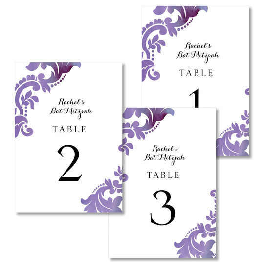 Purple Watercolor Damask Table Number Cards